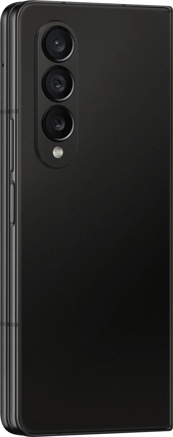 Een zwarte smartphone met drie camera's aan de achterkant. De telefoon is opgevouwen en opzij gericht.