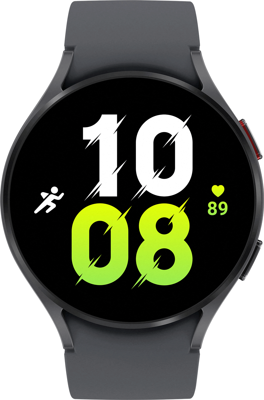 Een grijze Samsung Galaxy Watch 5. Het scherm toont de tijd, 10:08, hartslag 89 en een activiteitspictogram.