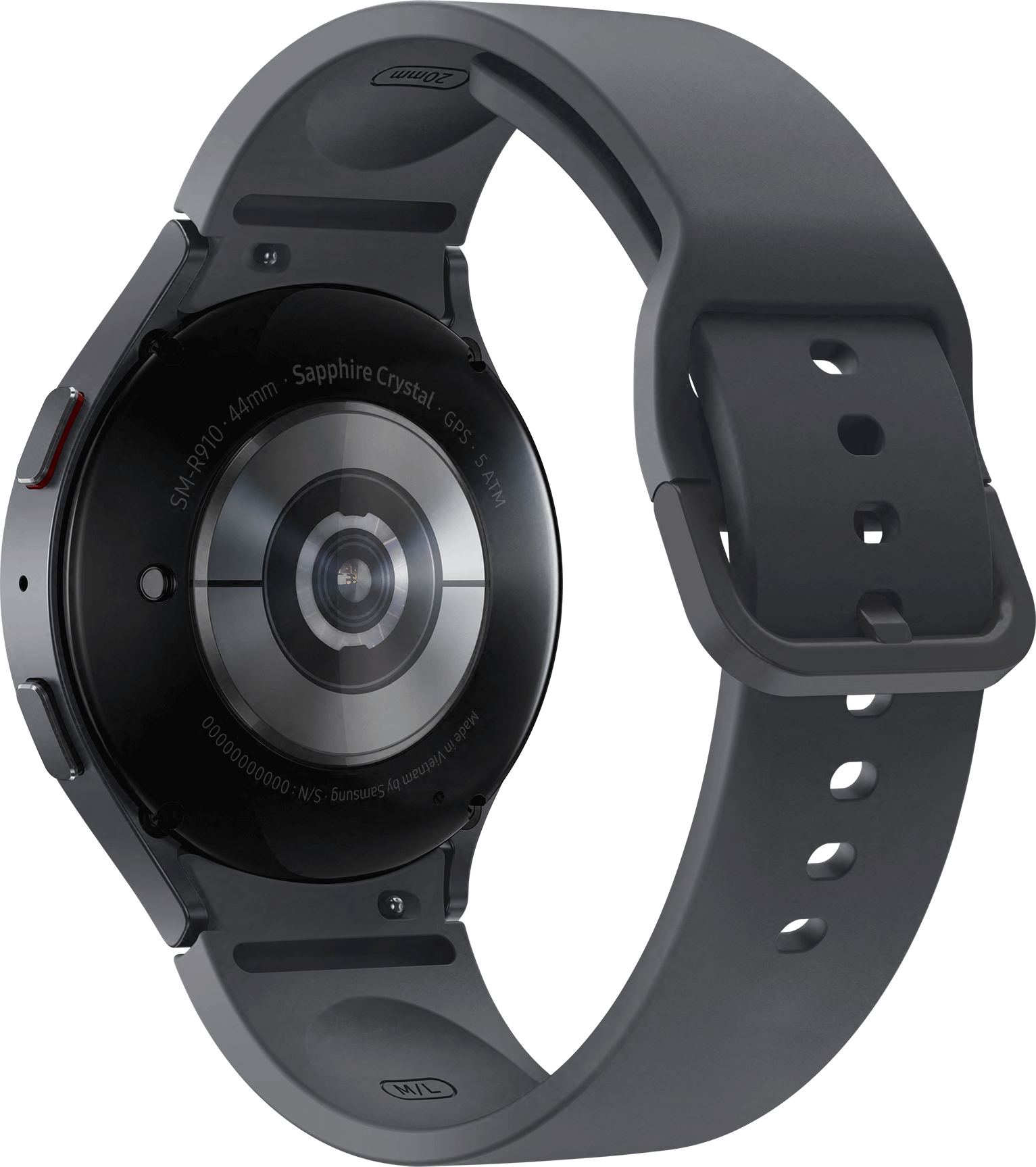 Close-up van een grijze smartwatch met zwarte achterkant, labels en bandje.
