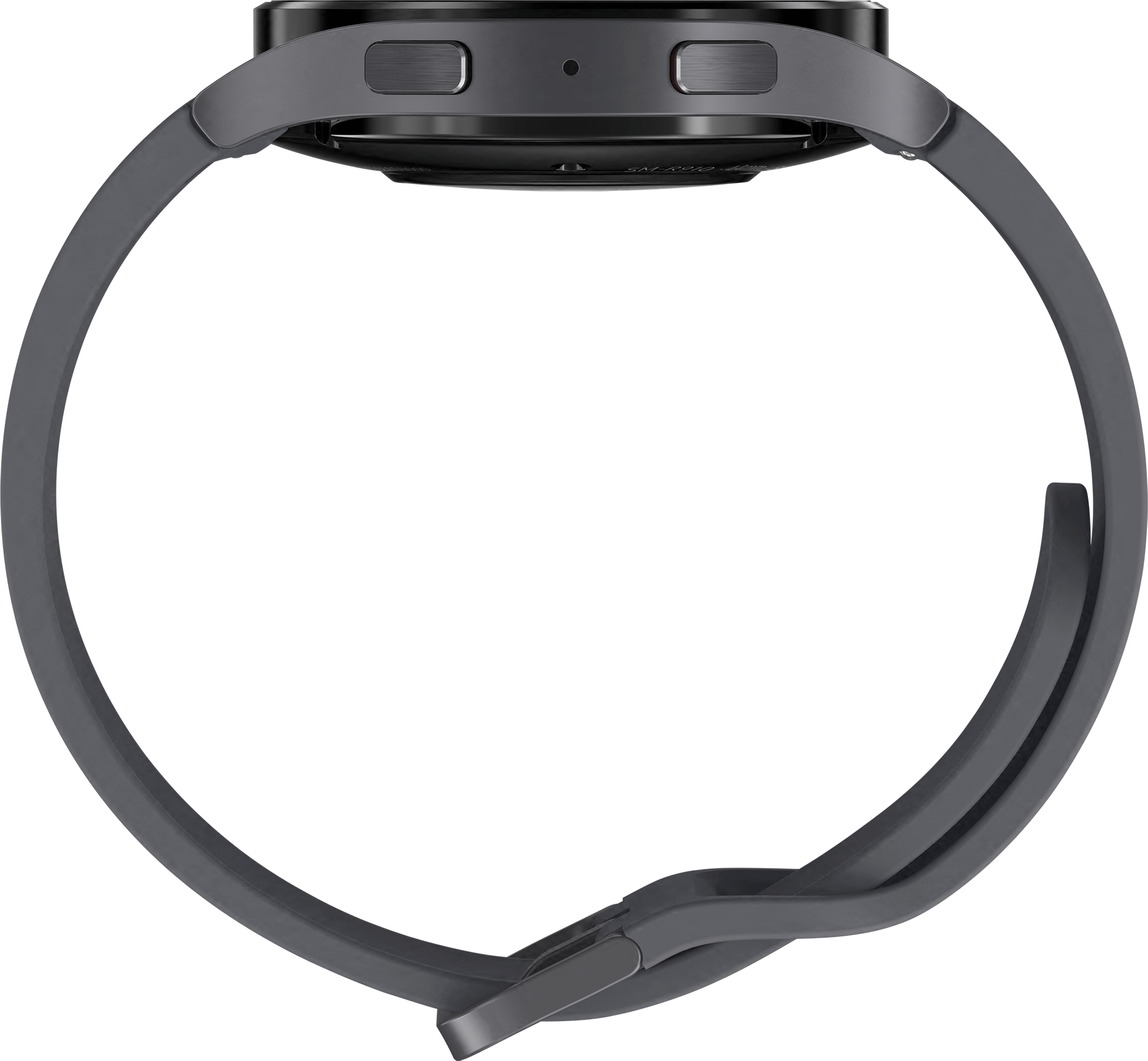Grijze smartwatch op zwarte achtergrond, zijaanzicht. Toont de horlogeband en de wijzerplaat.