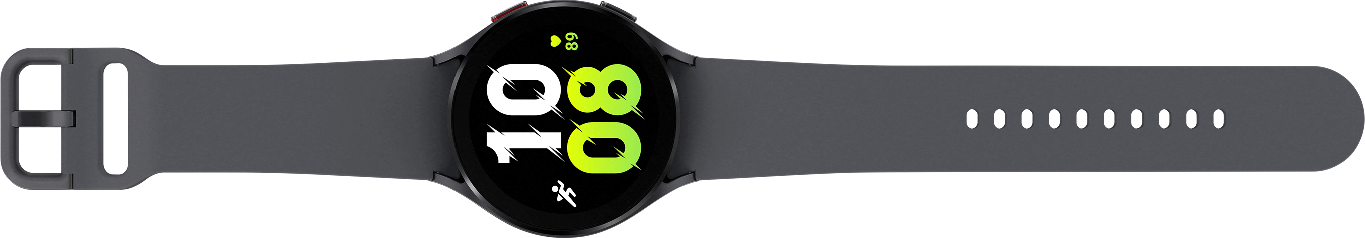 Een grijze smartwatch met een zwart scherm, met een grijze band, op een witte achtergrond.