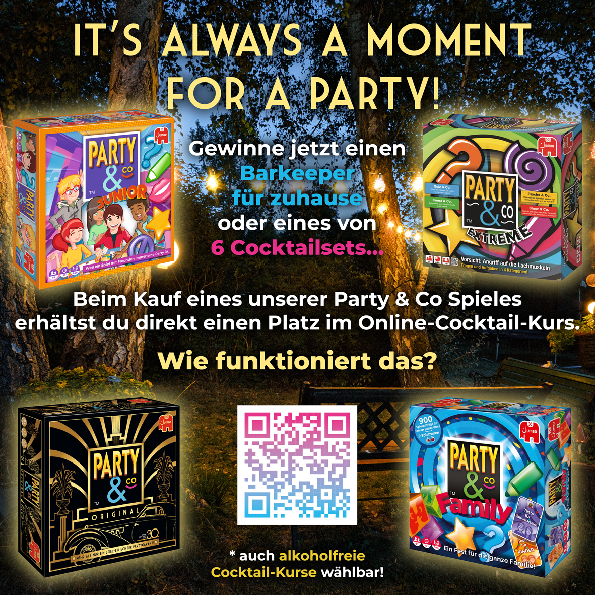 Vier Spielboxen mit Text. Der Text enthält das Wort Party, einen QR-Code und die Worte 'Es ist immer ein Moment für eine Party!'