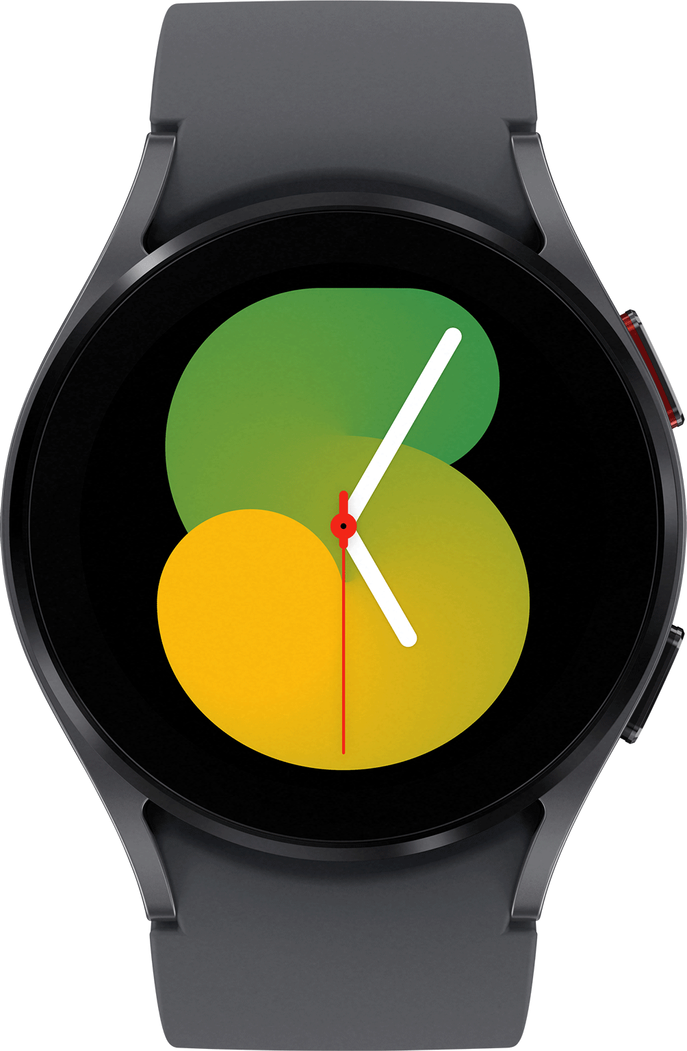 Een Samsung Galaxy Watch 5. Zwarte behuizing met een rond scherm, met een wijzerplaat en de tijd.