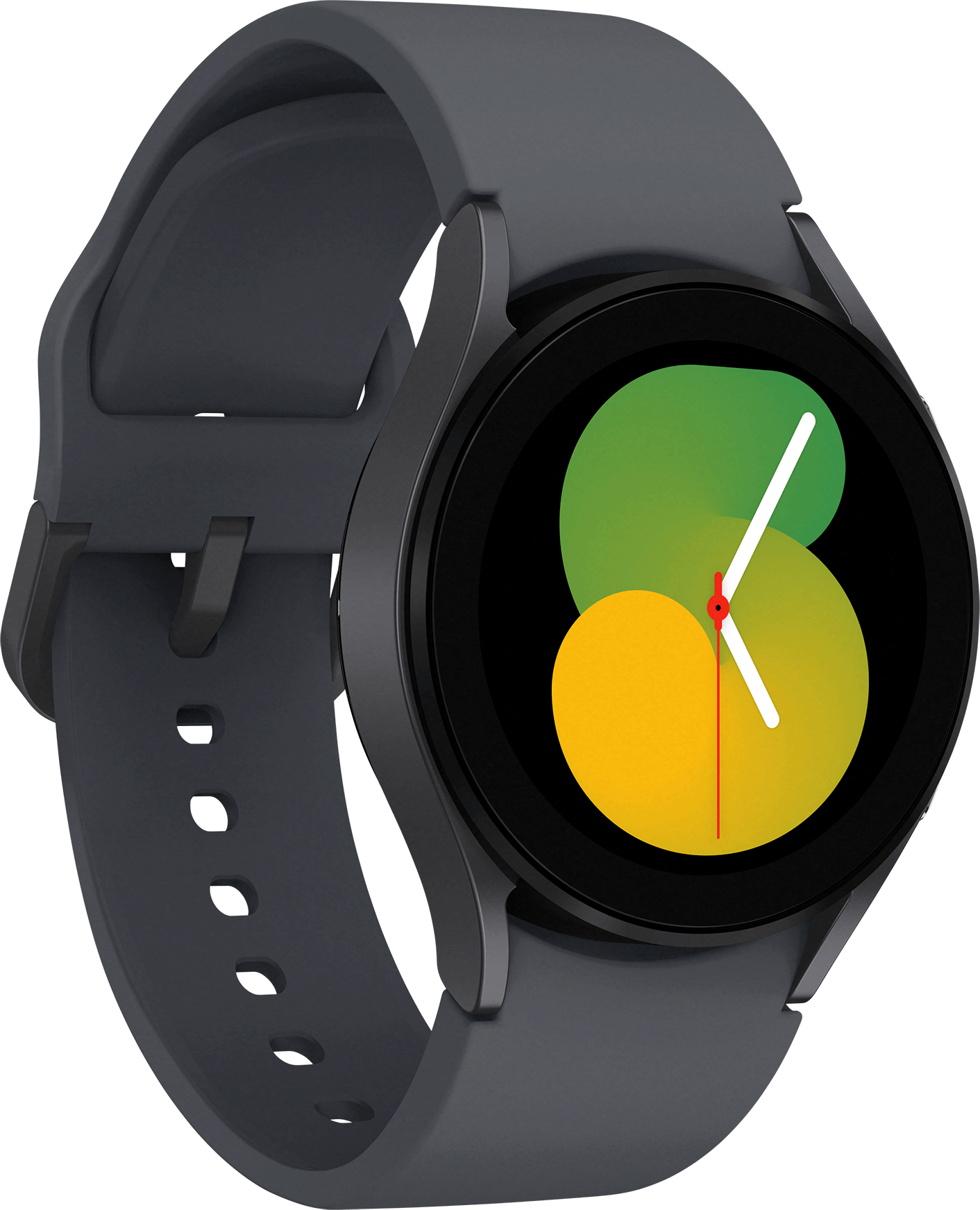 Een donkergrijze Samsung Galaxy Watch 5. Het horloge toont een groene stappenteller.