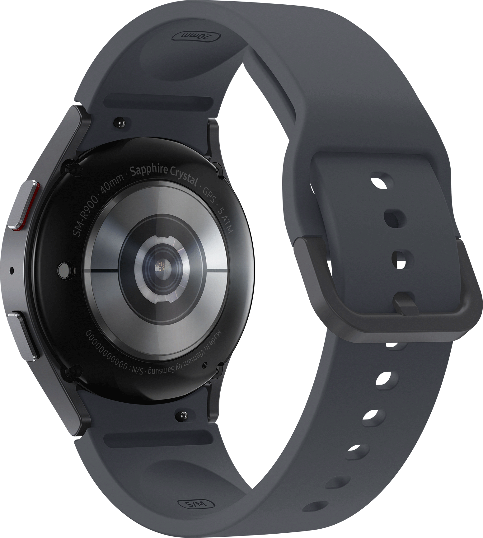 Een smartwatch met een grijze band. Het horloge is zwart en toont de achterkant.