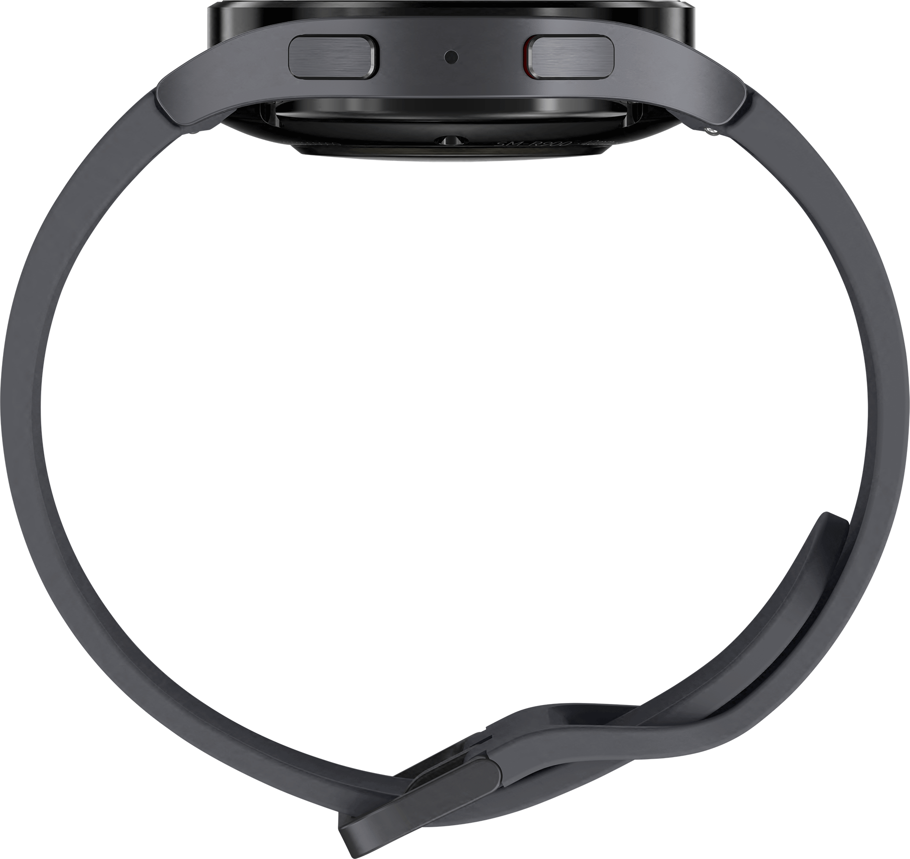 Zwarte smartwatch met een grijze band. Zijaanzicht met knoppen en een rond scherm.
