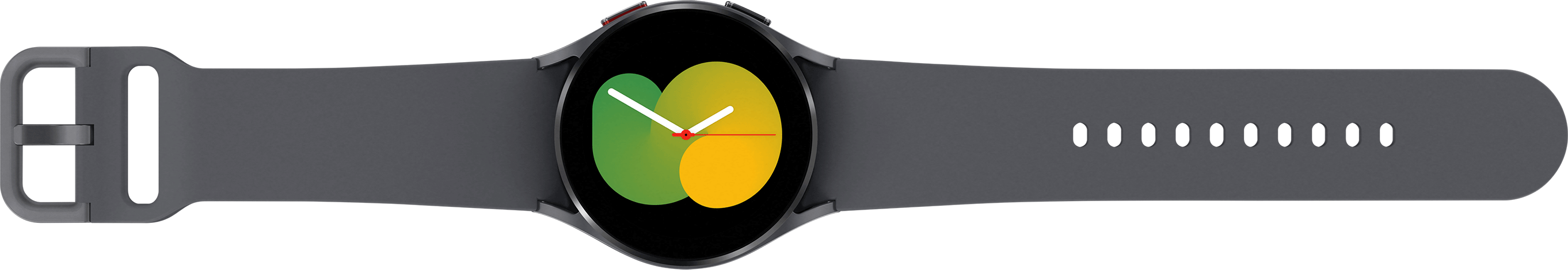 Donkergrijze smartwatch met horlogeband. Wijzerplaat toont groene en gele kleuren.