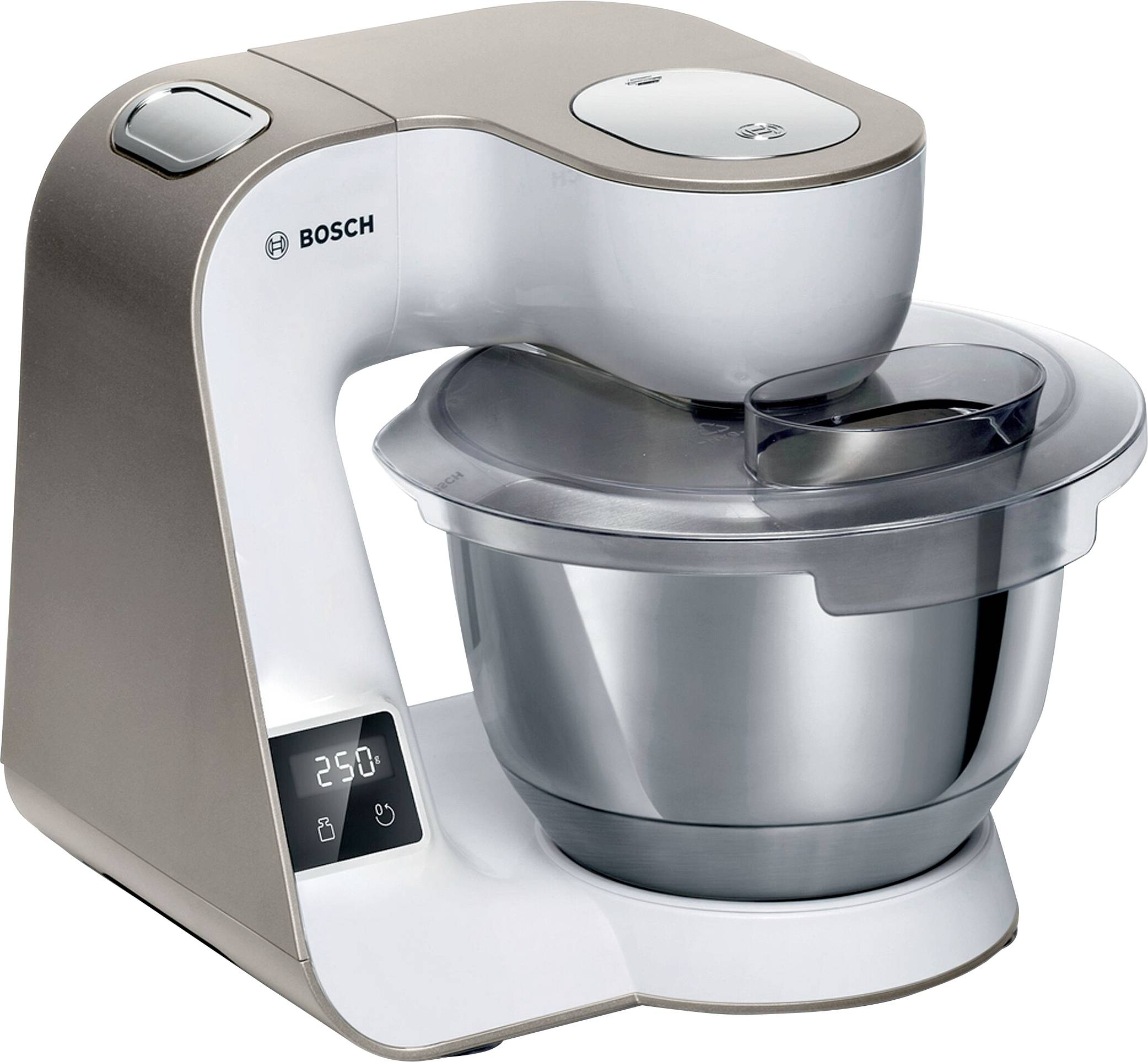 Robot de cocina Bosch, plateado y blanco, con pantalla digital.