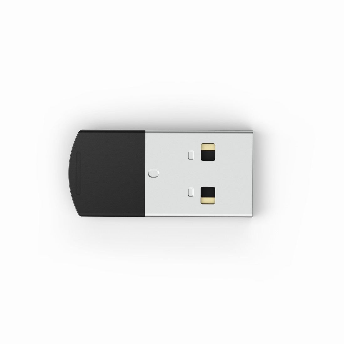 Una unidad USB negra y plateada sobre un fondo blanco.