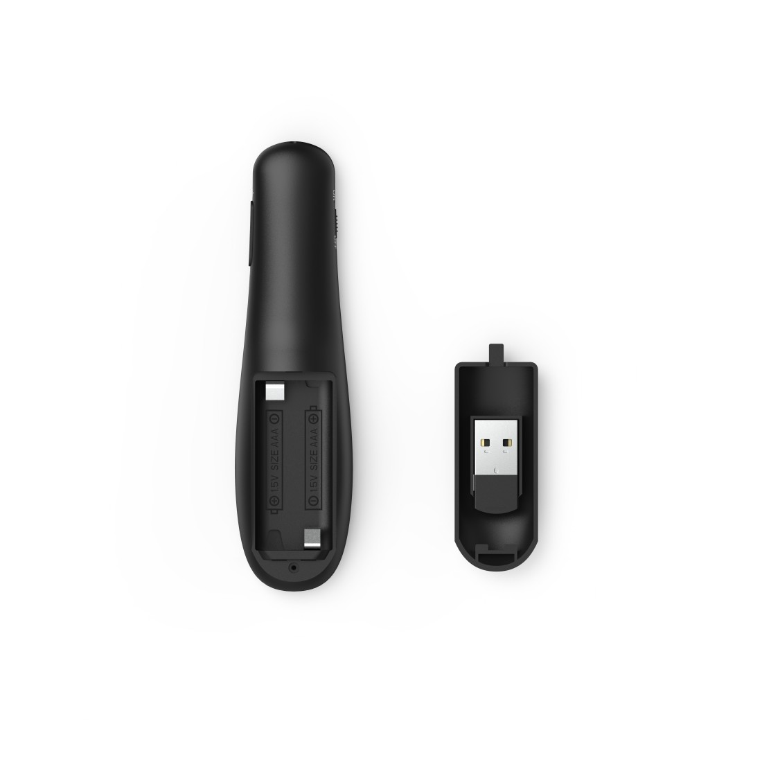 Interior de un mando a distancia con pilas y receptor USB. Color negro.