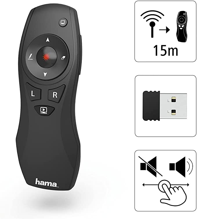 Un mando a distancia negro para presentaciones con botones y un receptor USB.