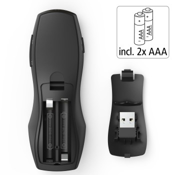 La parte posterior del mando a distancia de presentación, mostrando el compartimento de la batería con dos pilas AAA y el receptor USB.