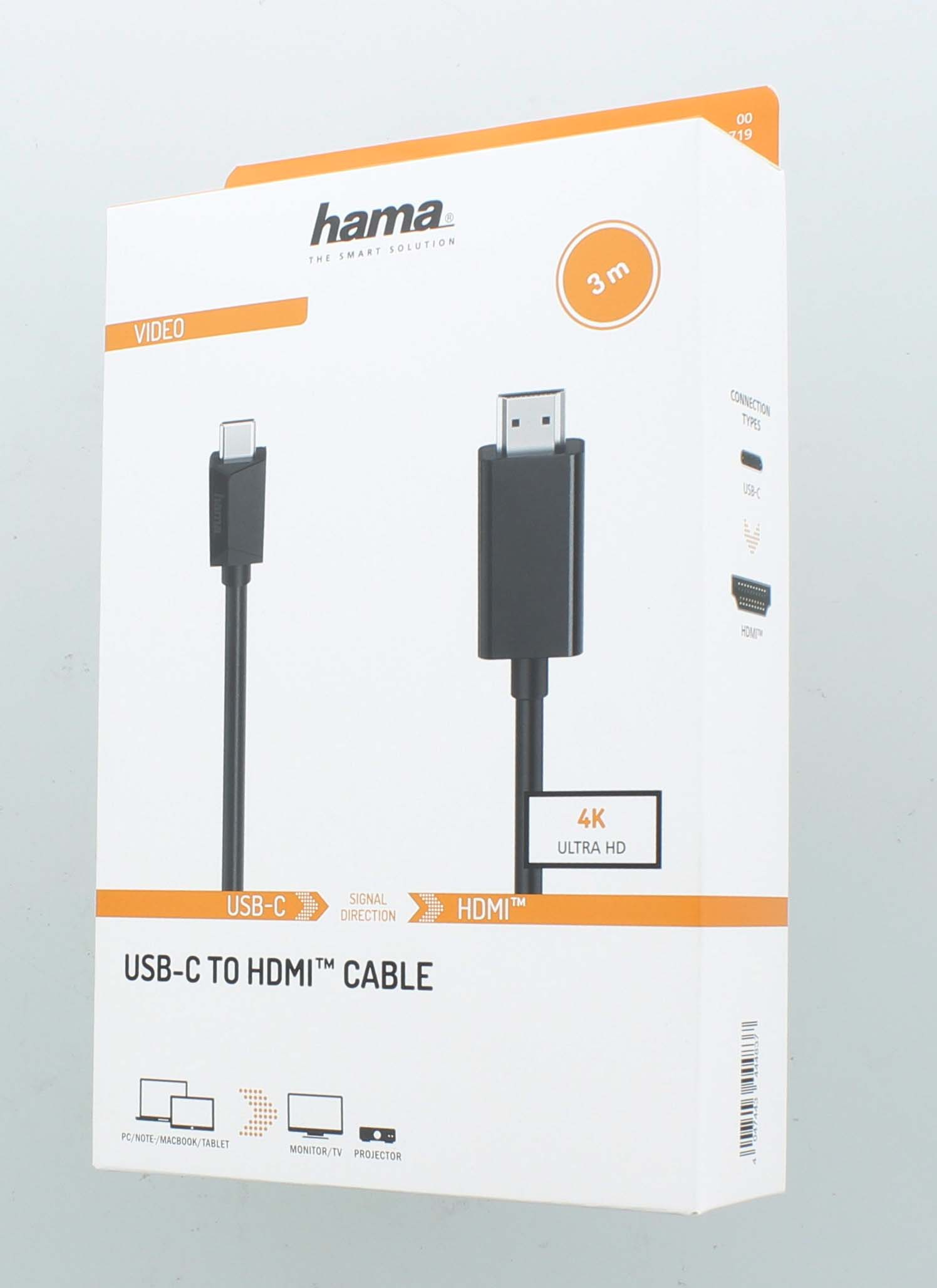 Una caja blanca con un cable USB-C a HDMI sobre un fondo blanco.