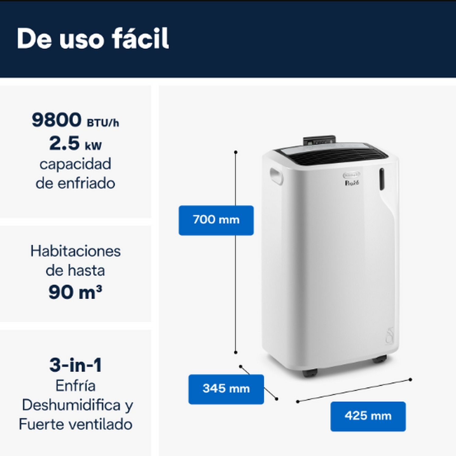 Aire acondicionado blanco, dimensiones, texto, fondo blanco.