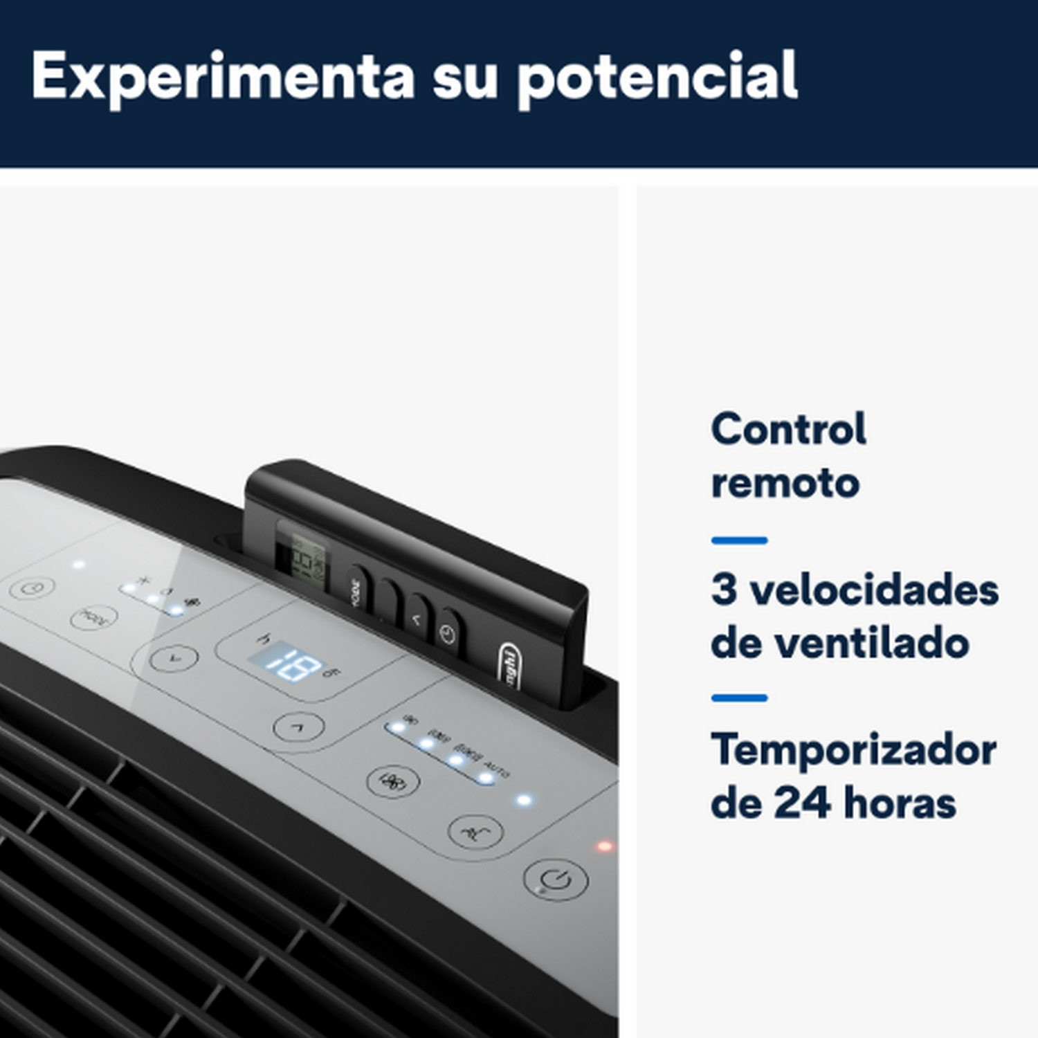 Purificador de aire DeLonghi, detalles del panel de control, texto en español.