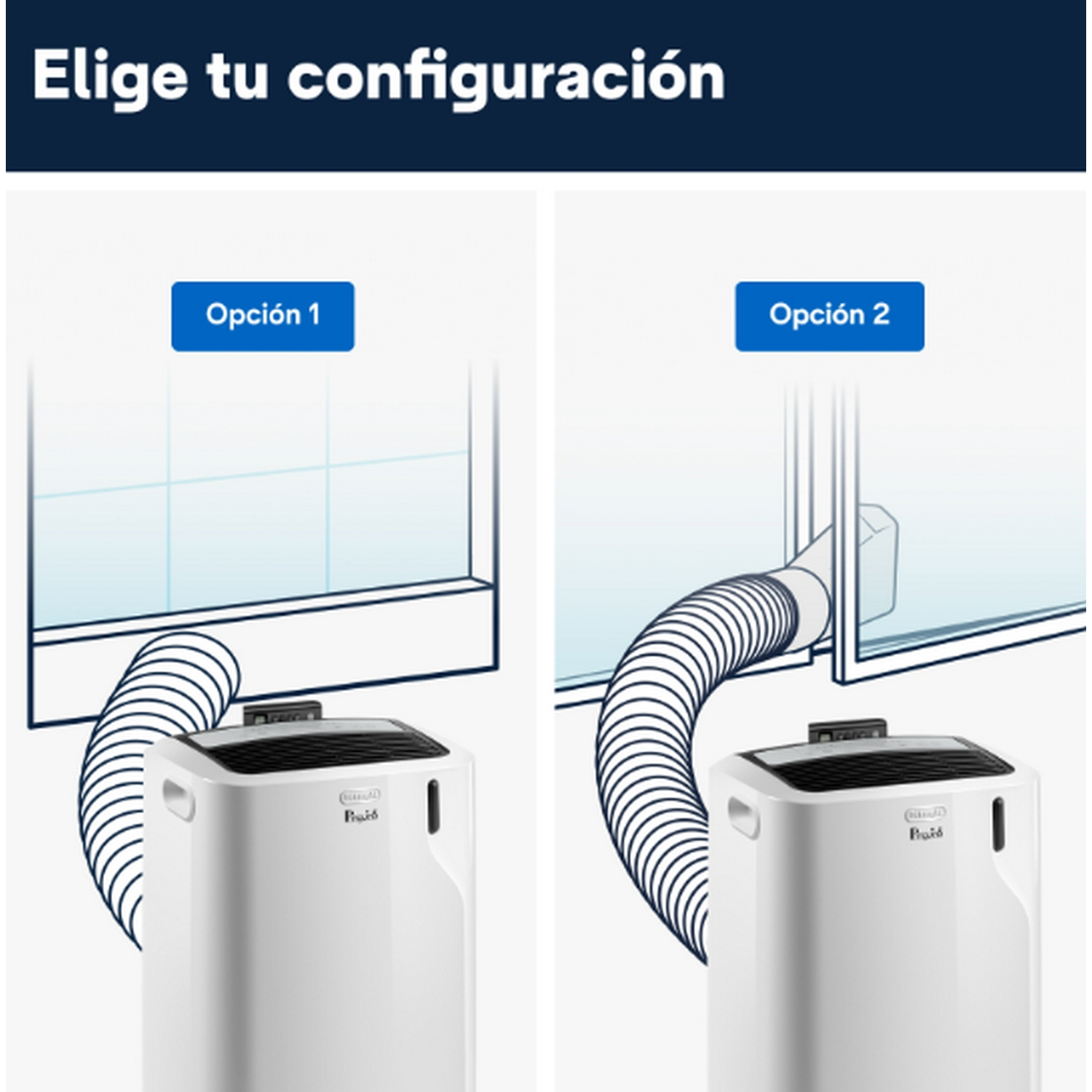 Dos opciones para configuraciones de aire acondicionado. Imágenes muestran configuraciones de mangueras.