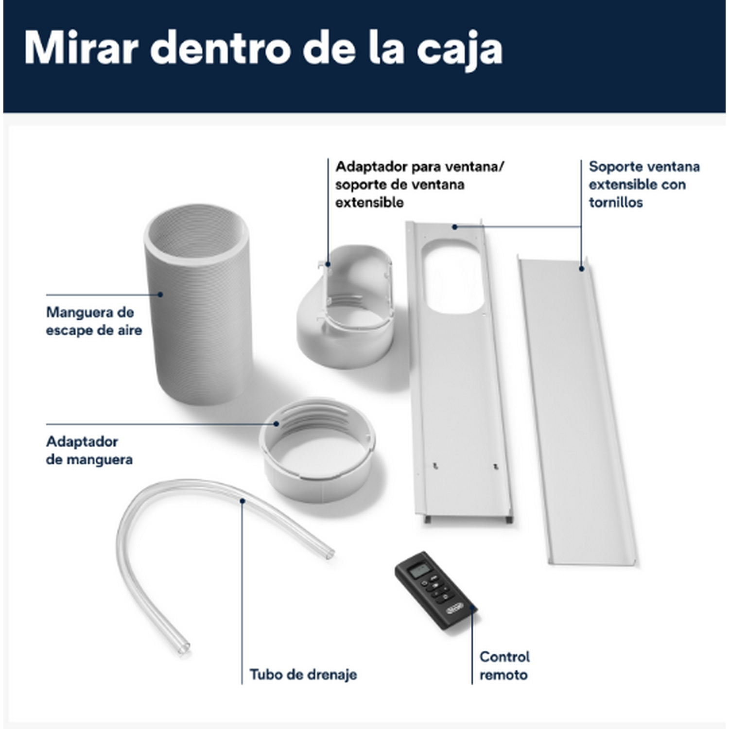 Varias partes de un aire acondicionado y un control remoto están dispuestos.