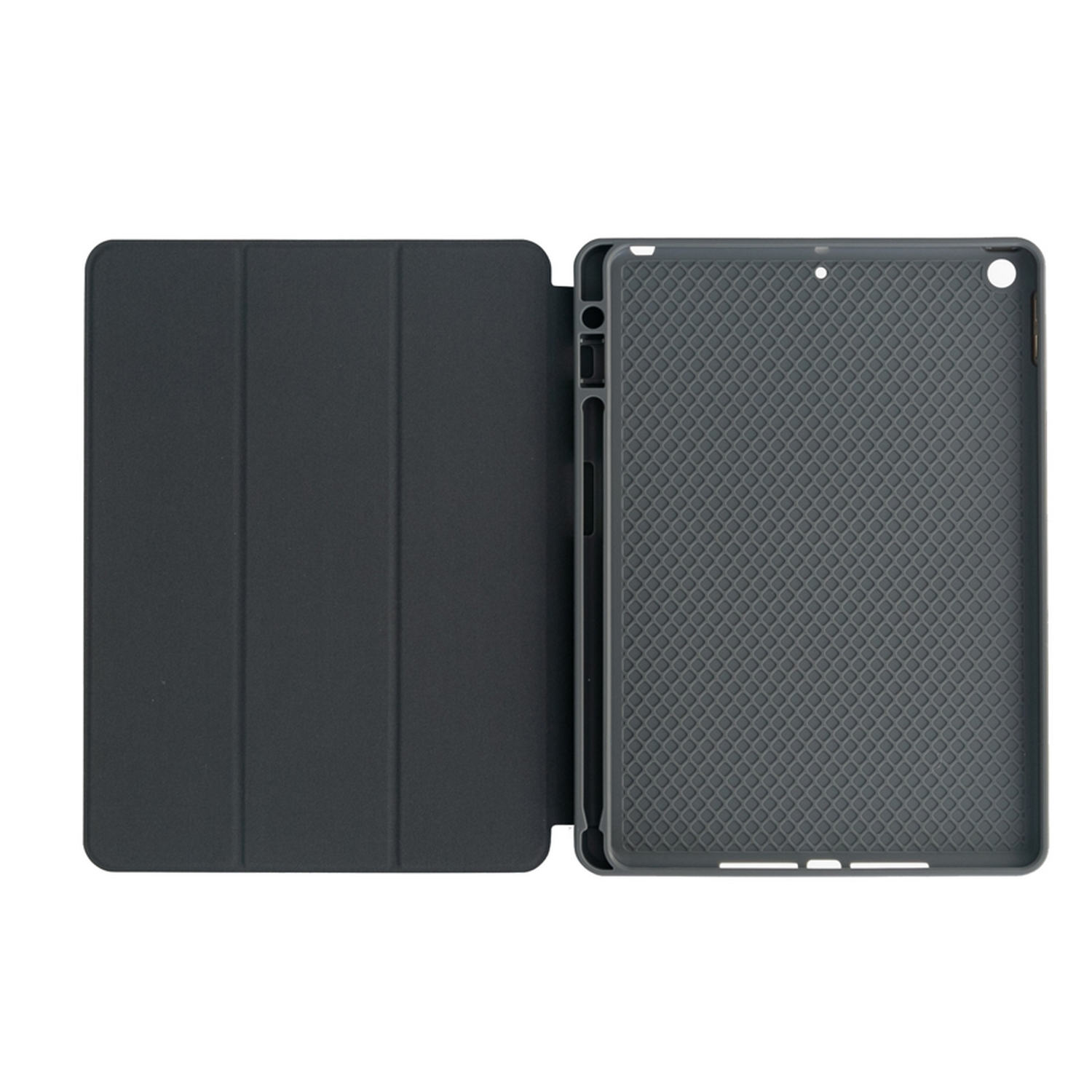 Una funda de tableta abierta, que muestra el exterior e interior de la funda con un contorno de tableta.