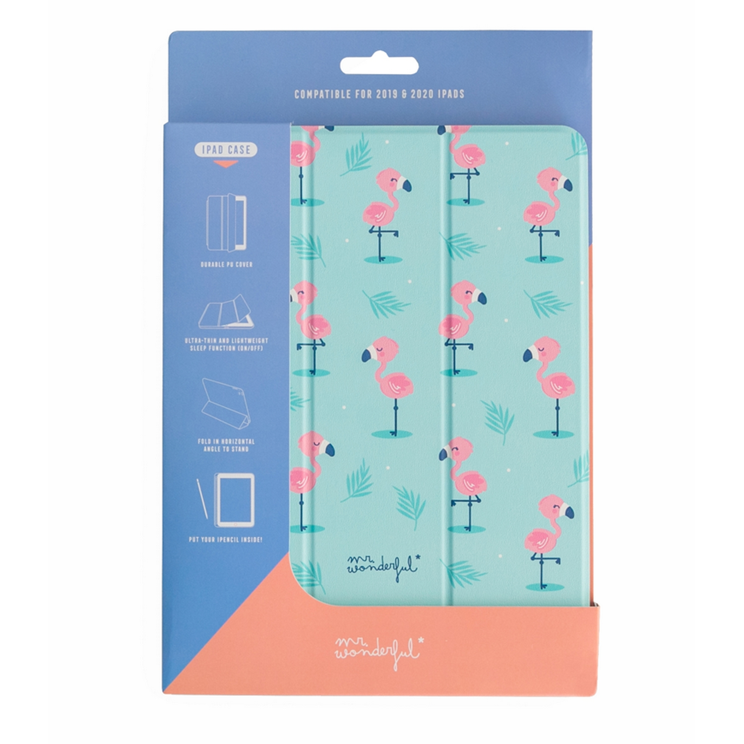 Una funda para iPad con flamencos rosas. La funda es azul claro con flamencos rosas y una tapa.