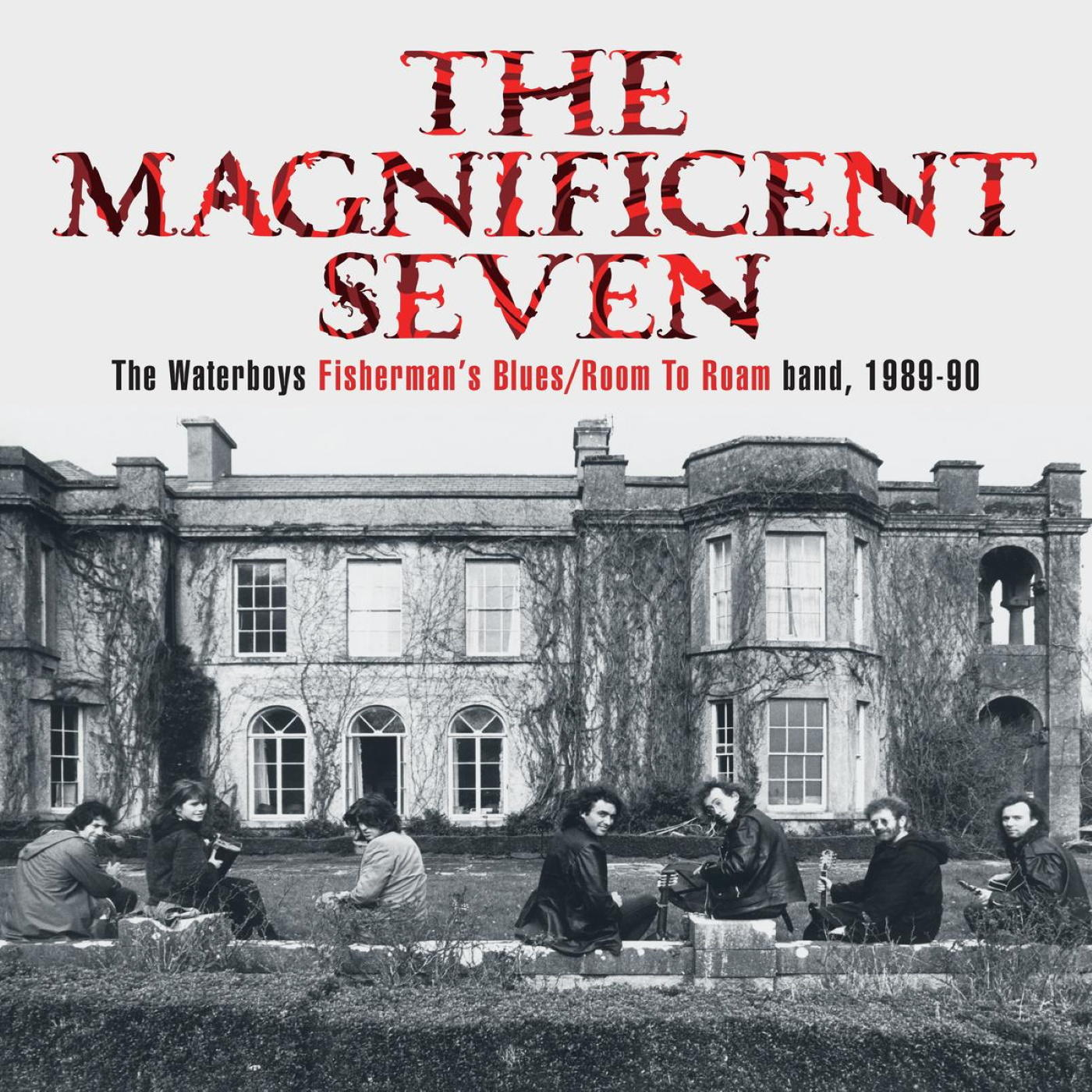 Album borító: The Magnificent Seven, The Waterboys, 1989-90, a zenekar tagjai az épület előtt.