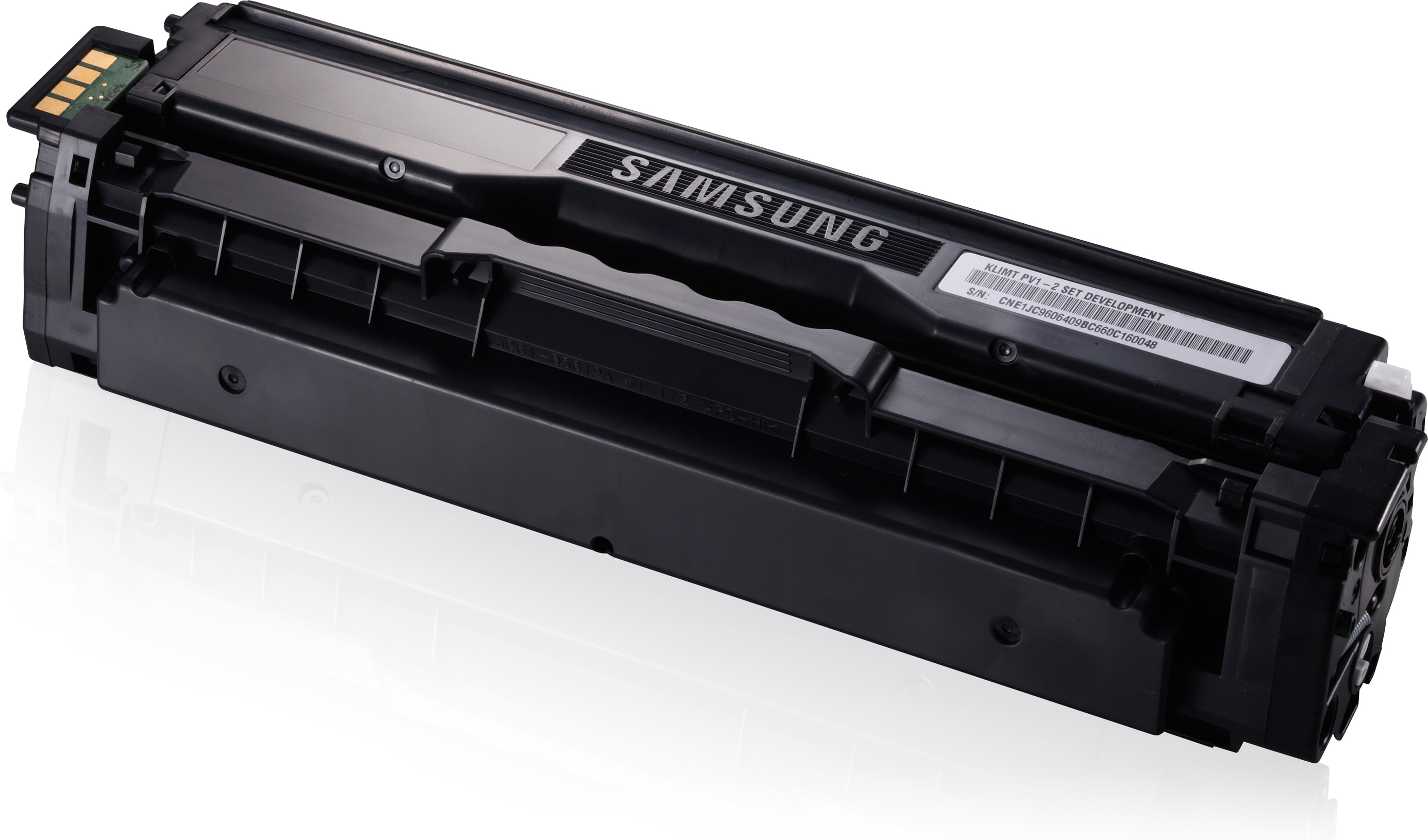Schwarze Samsung-Drucker-Tonerkartusche, schräge Ansicht, weißer Hintergrund, mit Samsung-Etikett.