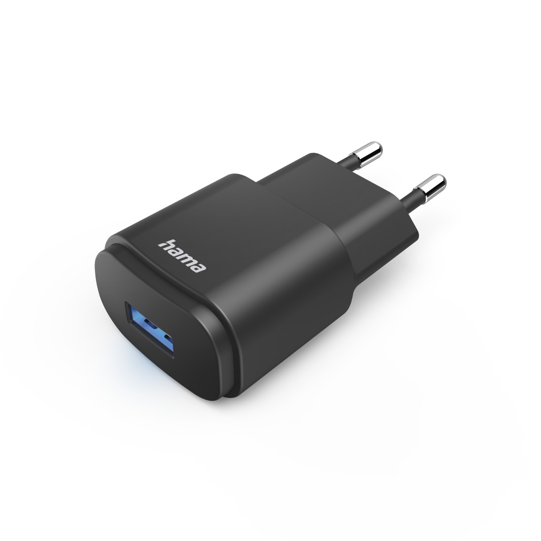 Schwarzes Hama-Wandladegerät mit blauem USB-Anschluss. Weißer Hintergrund.