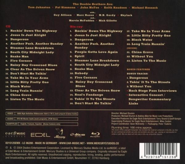 CD- und Blu-ray-Cover mit Text über The Doobie Brothers, Titellisten und Credits.