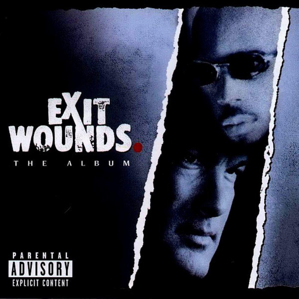 Albumcover mit dunklem, zerrissenem Design. Enthält die Gesichter von zwei Männern und den Titel 'Exit Wounds'.