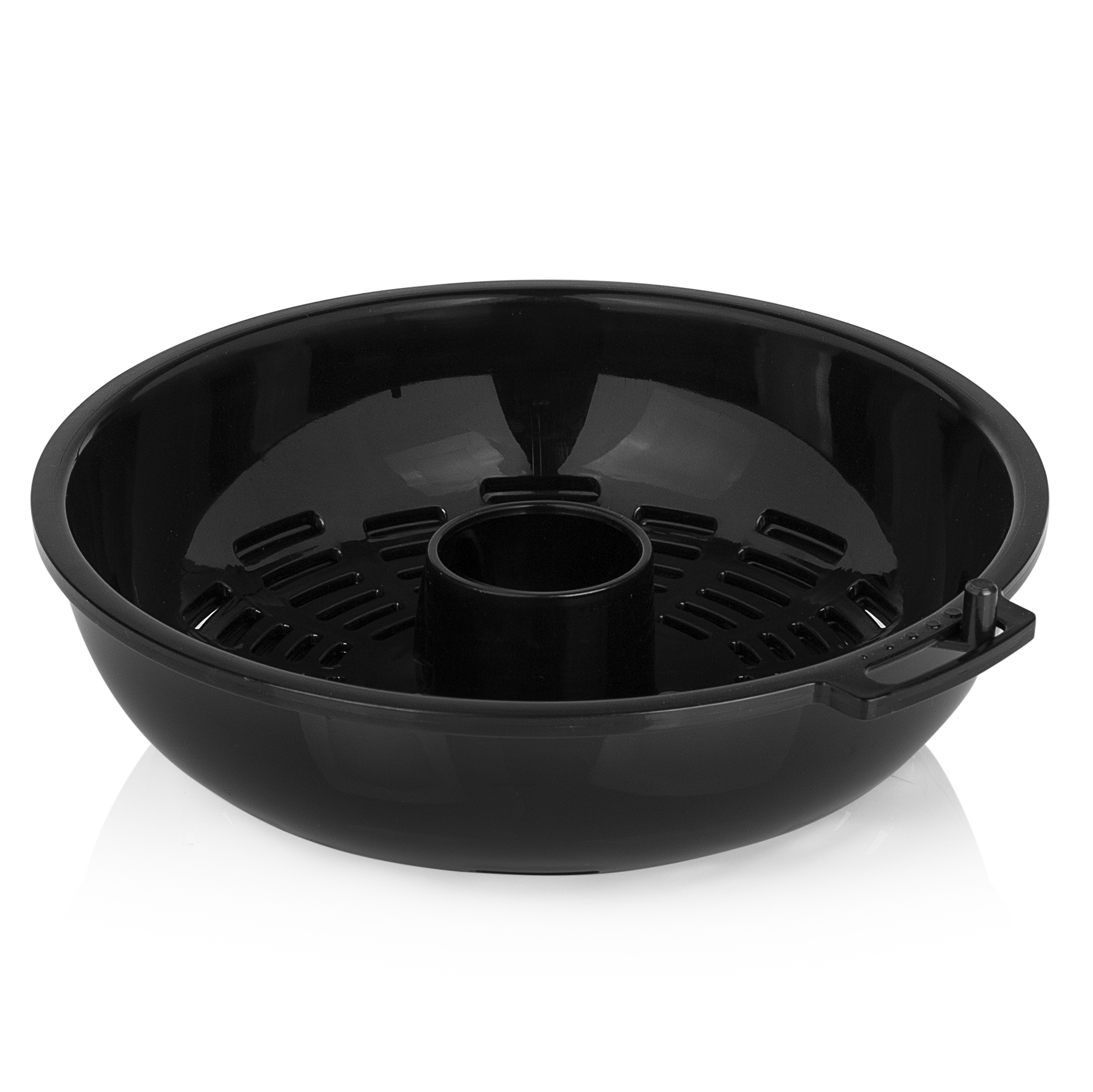 Zwarte plastic bijenkorfvoeder met een centrale buis.