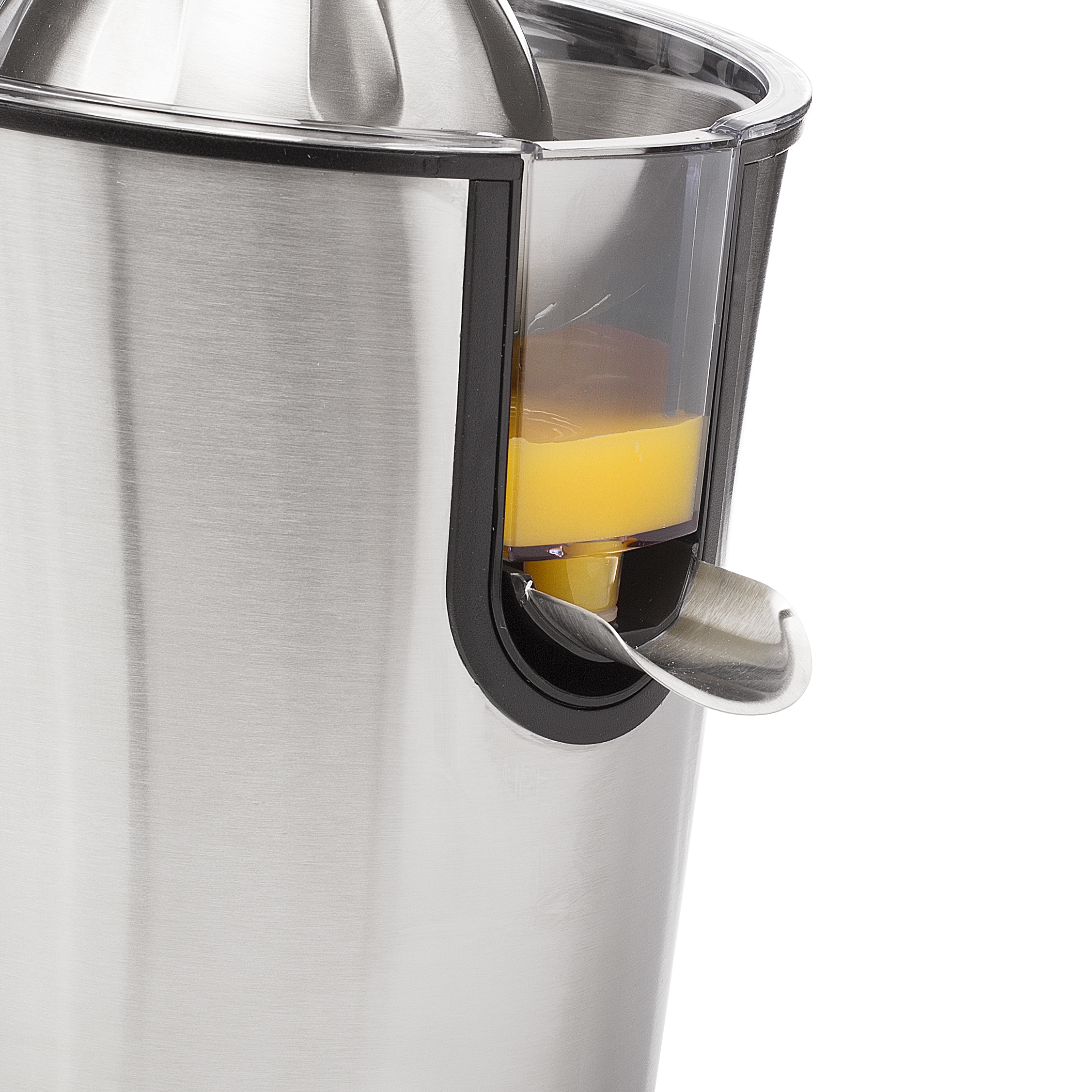 Saptuitloop met sinaasappelsap dat eruit stroomt. Metalen en transparante plastic onderdelen zichtbaar.