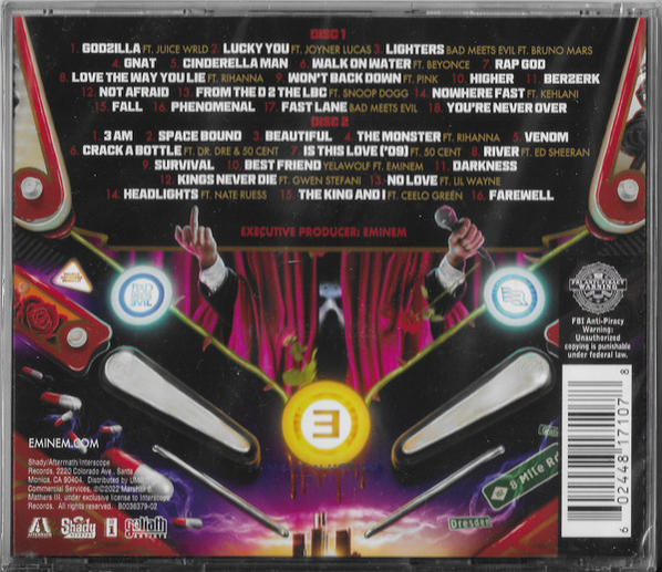 Rückseite von Eminems Album, mit Trackliste und einem Flipperautomaten-Design.