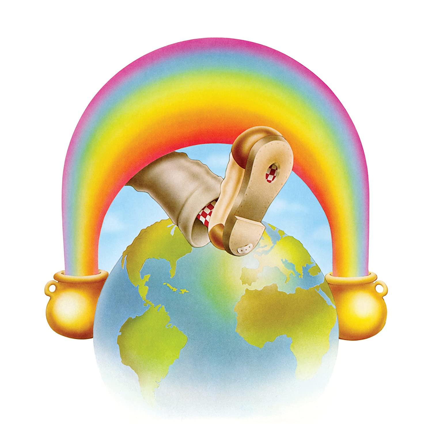 Pochette d'album avec un pied marchant sur un globe sous un arc-en-ciel et deux pots dorés.