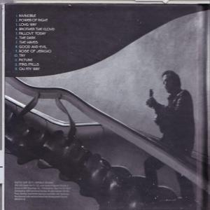 Rückseite eines Albumcovers mit einem Graustufenbild eines Mannes mit Gitarre auf einer Treppe.