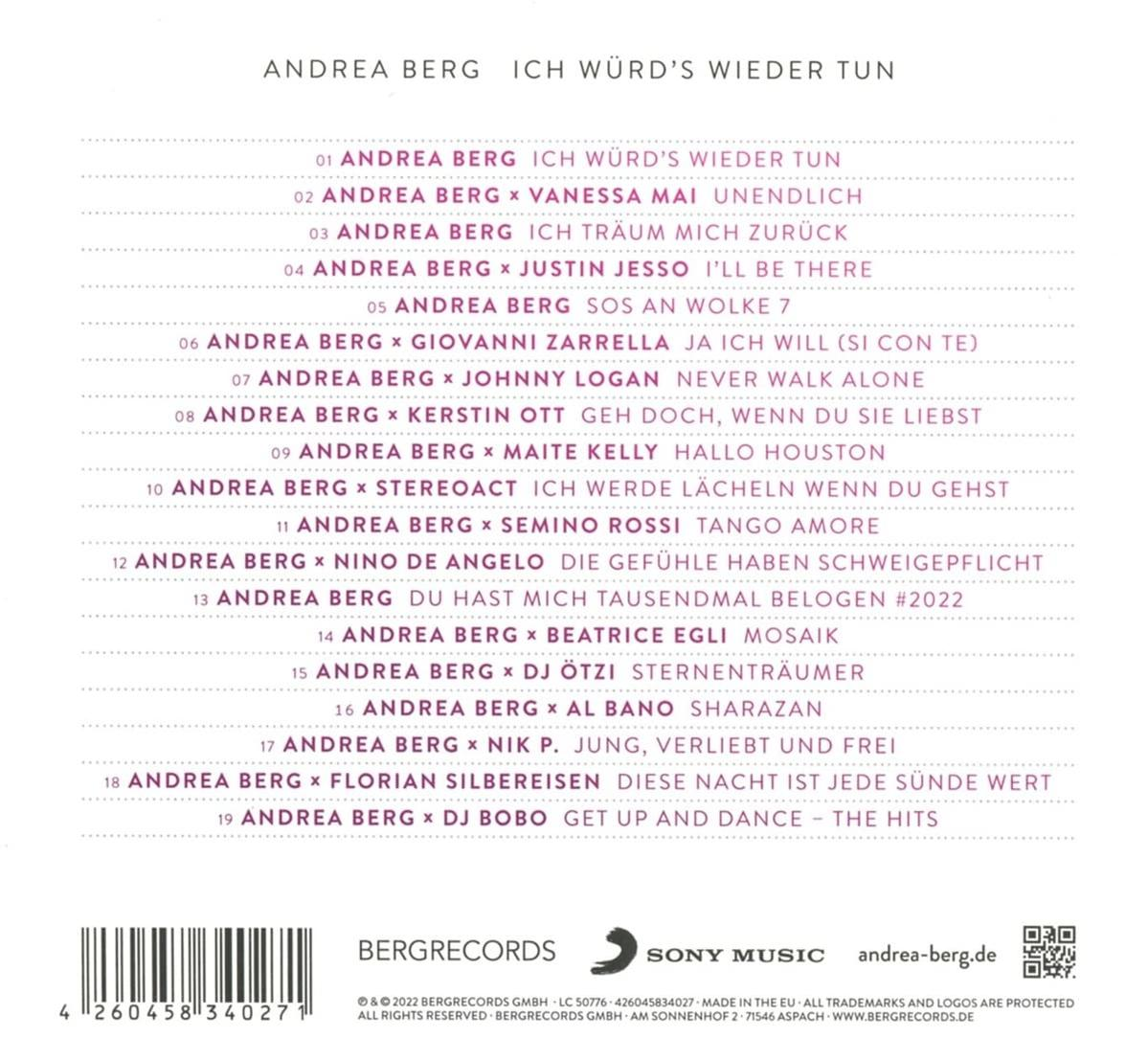 Die Rückseite eines Albums, mit Liedern und Credits. Das Album ist von Andrea Berg.
