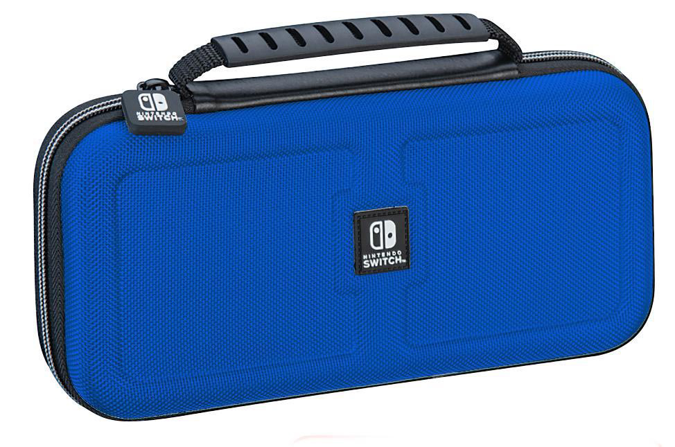 Blaue Nintendo Switch-Hülle mit schwarzem Griff und Reißverschluss.