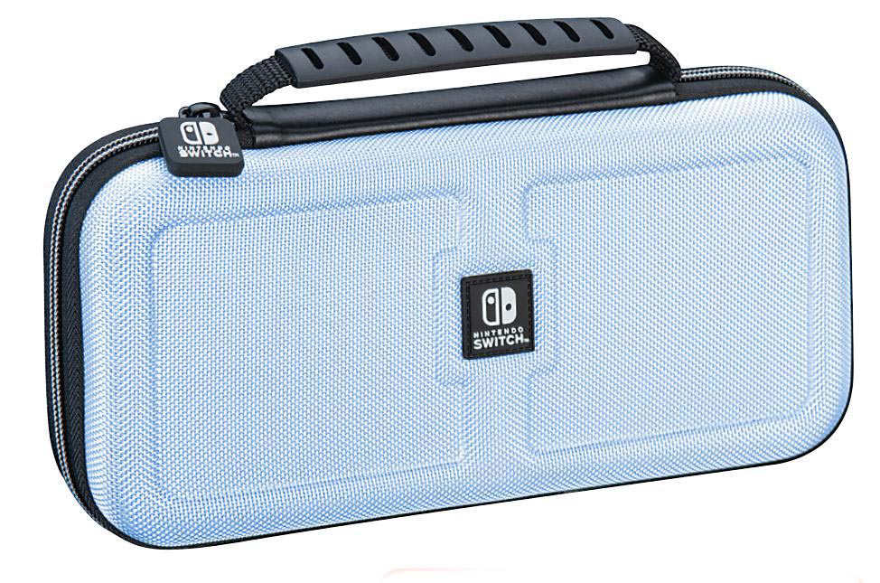 Hellblaue Nintendo Switch Tragetasche mit schwarzem Griff.