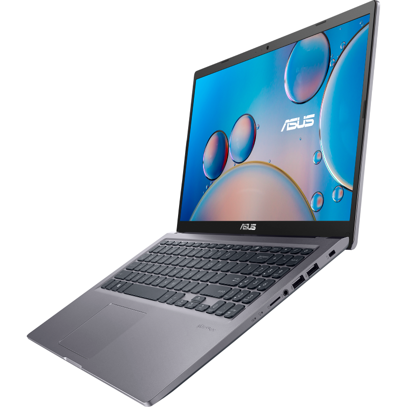 Gri gövdeli ve siyah klavyeli dizüstü bilgisayar, ekranda ASUS logosu var.