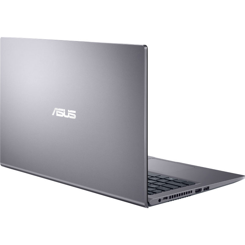 Gri dizüstü bilgisayar, açık, arkadan görünüm. Üstte ASUS logosu görünüyor.