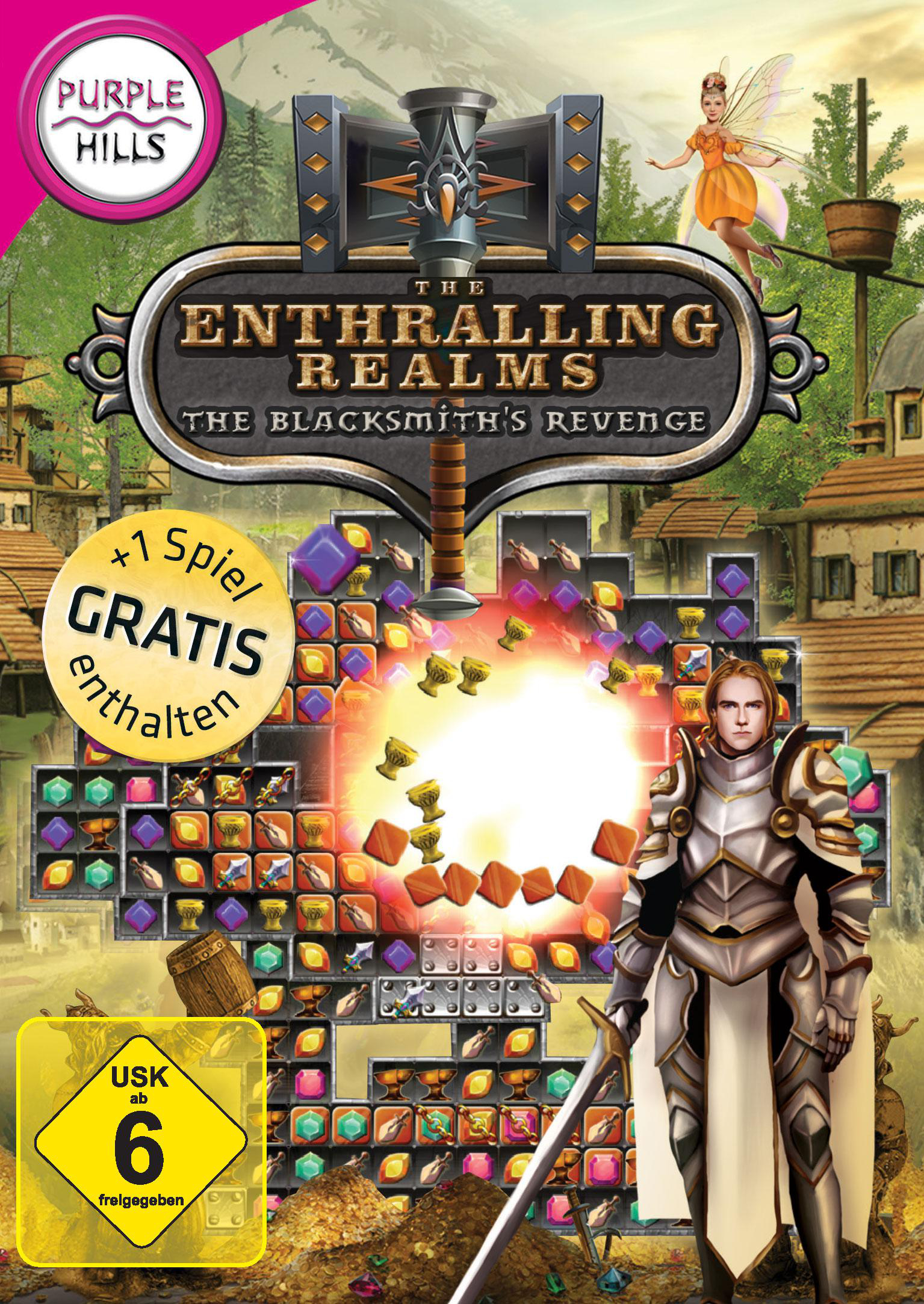 Spielcover mit einer Fantasy-Szene eines Ritters, einer Fee und Spielelementen.
