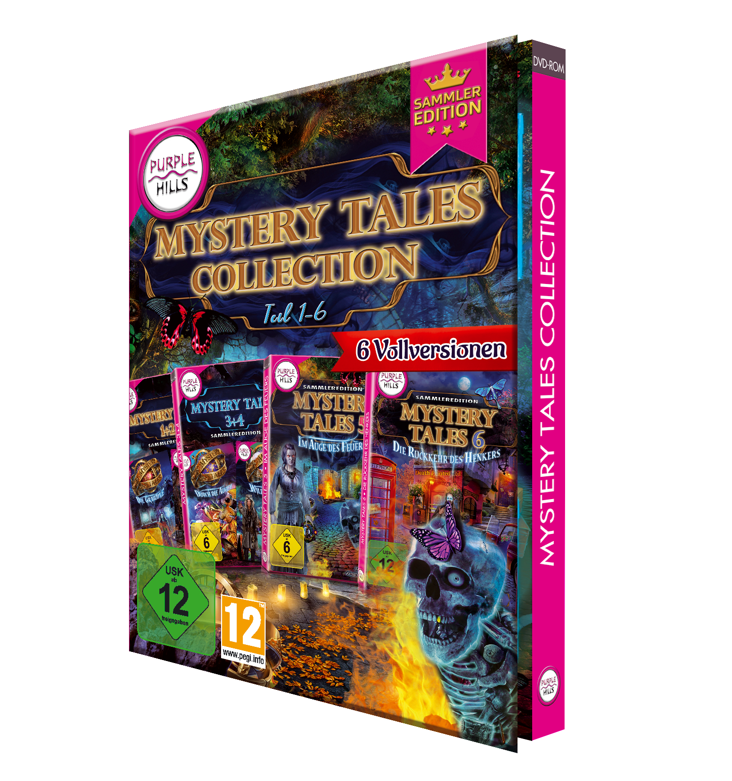 Eine Videospiel-Box mit mehreren Spielcovern und einem Totenkopf.