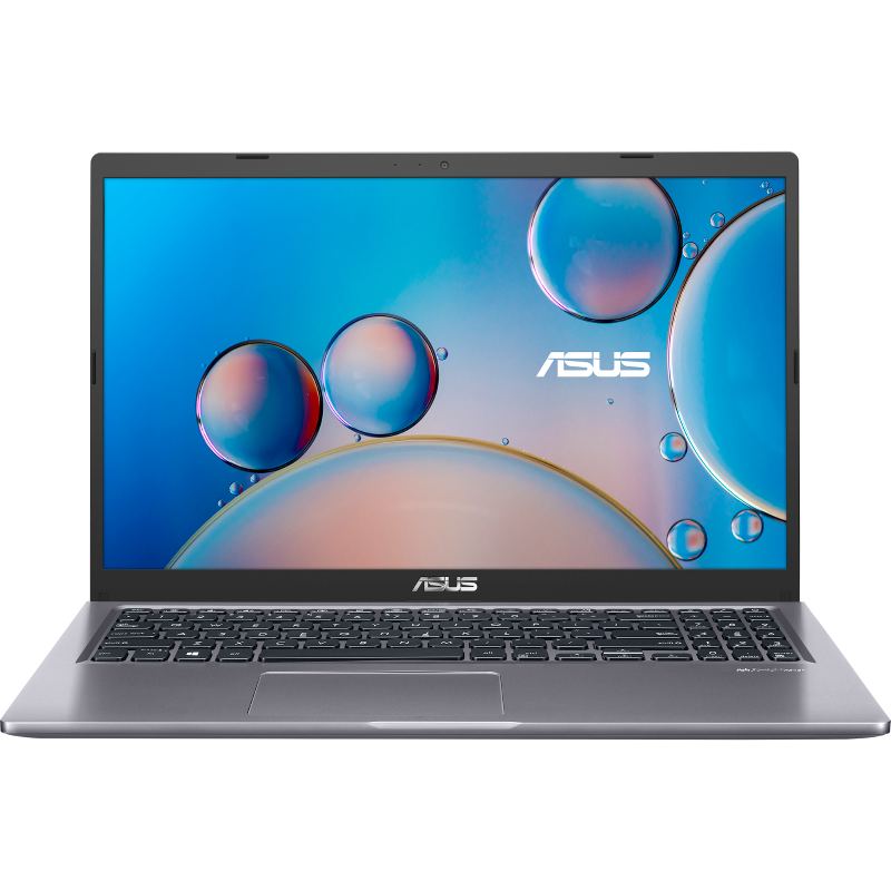 Mavi ve beyaz ekranlı gri ASUS dizüstü bilgisayar. Arka plan siyahtır.