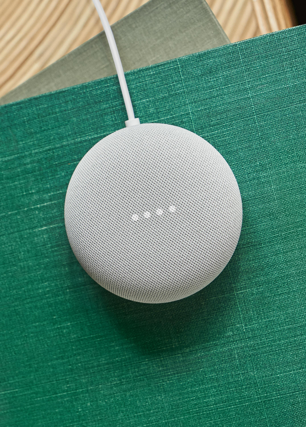 Een witte Google Nest Mini op een groen en houten oppervlak met een witte kabel.