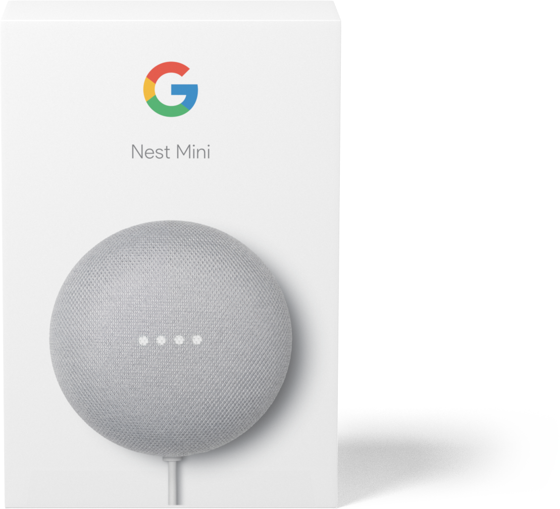 Een grijze Google Nest Mini slimme speaker en de doos worden van de zijkant getoond.