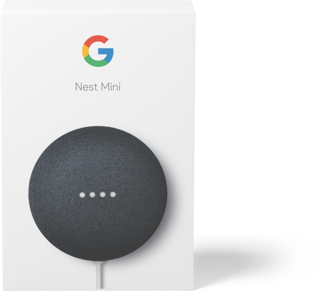 Google Nest Mini-luidspreker op een witte doos. De luidspreker is donkergrijs met witte LED-lampjes.
