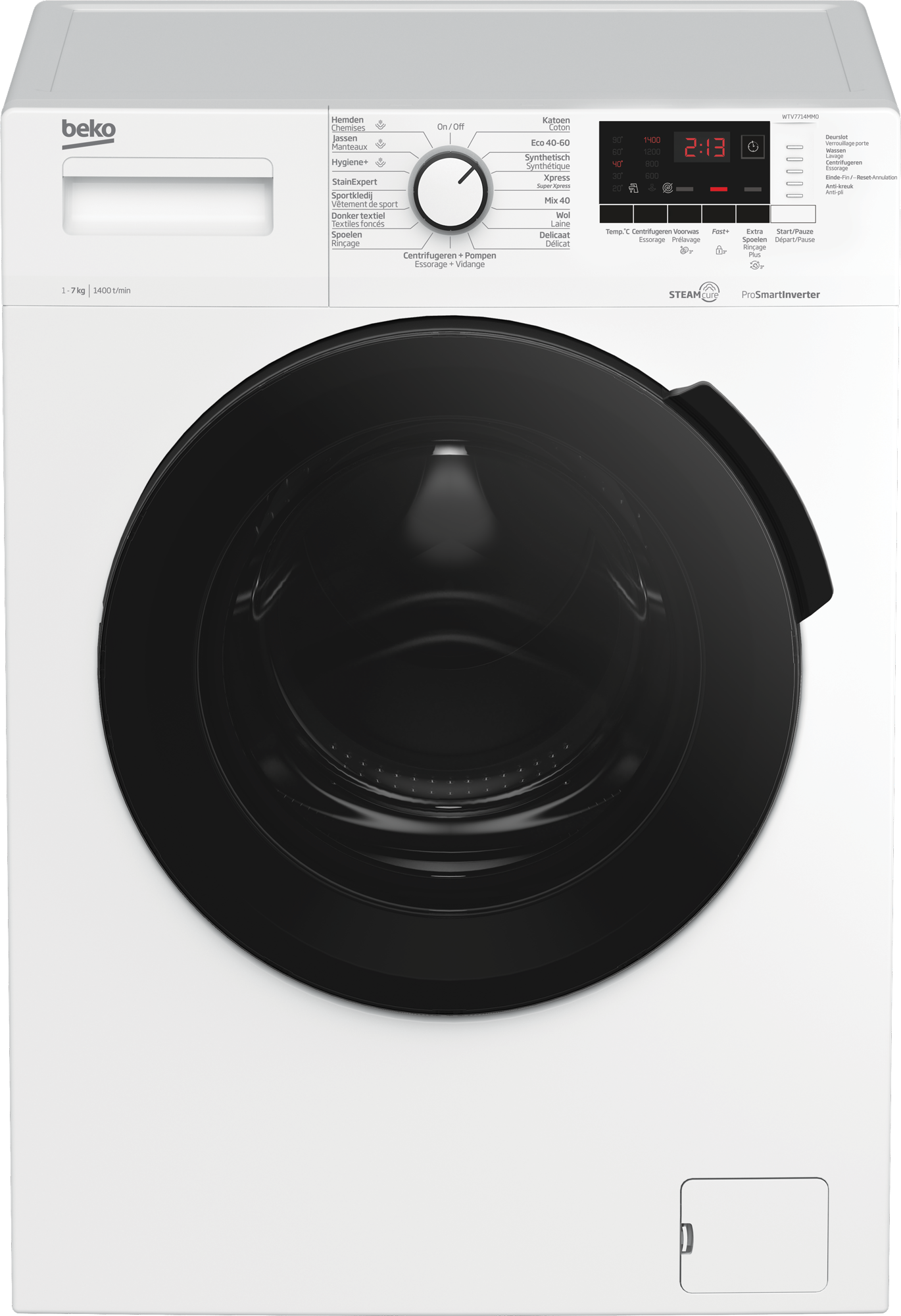 Witte wasmachine met een zwarte deur, bedieningspaneel en digitaal display.