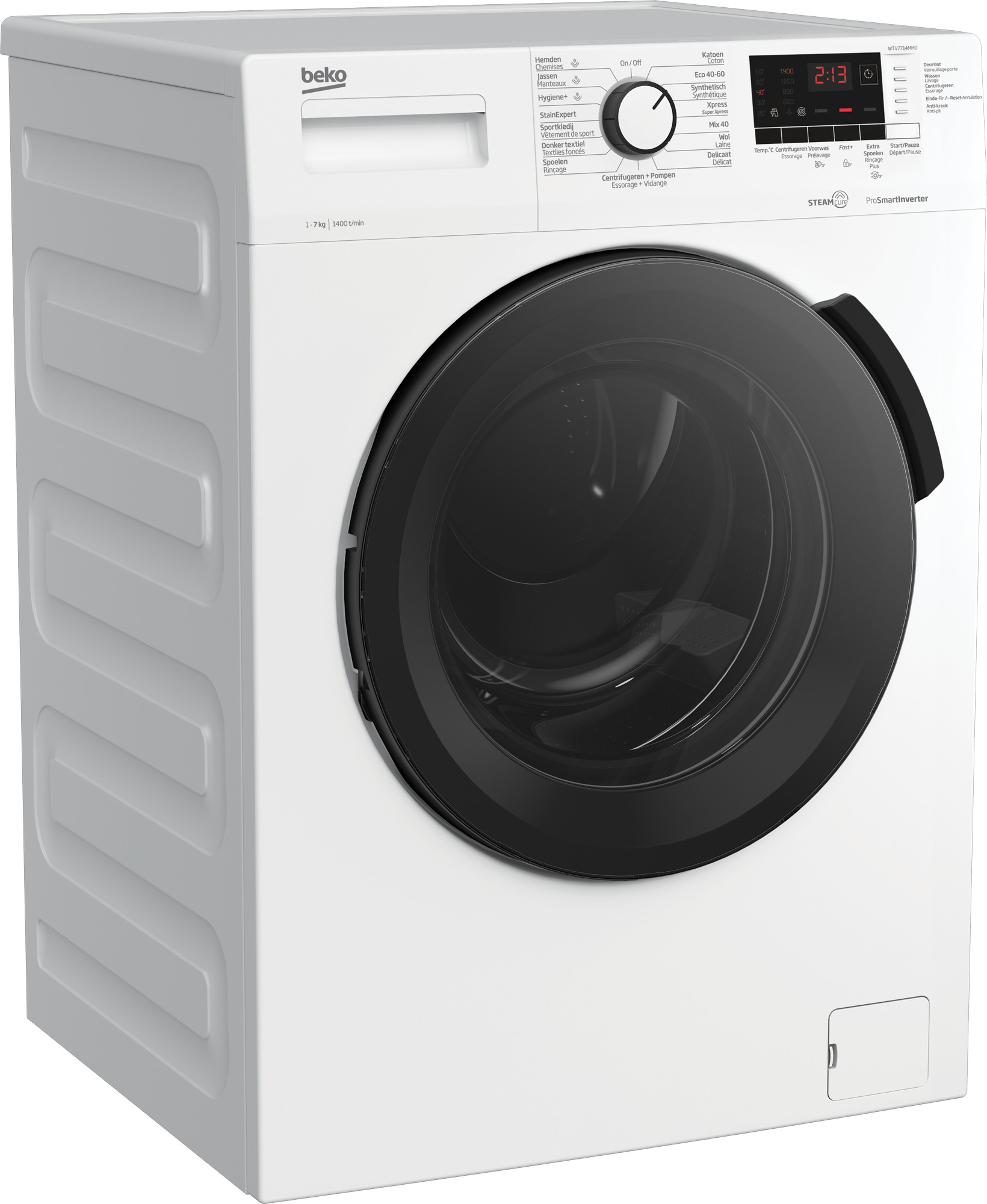 Een witte Beko wasmachine met een zwarte deur, bedieningspaneel en digitaal display, en een witte behuizing.