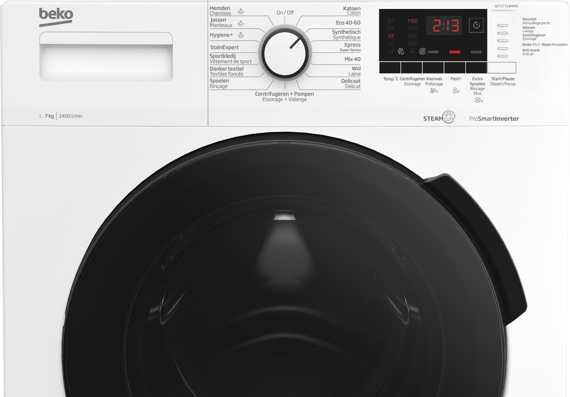 Wasmachine met bedieningspaneel, zwarte deur en digitaal display.