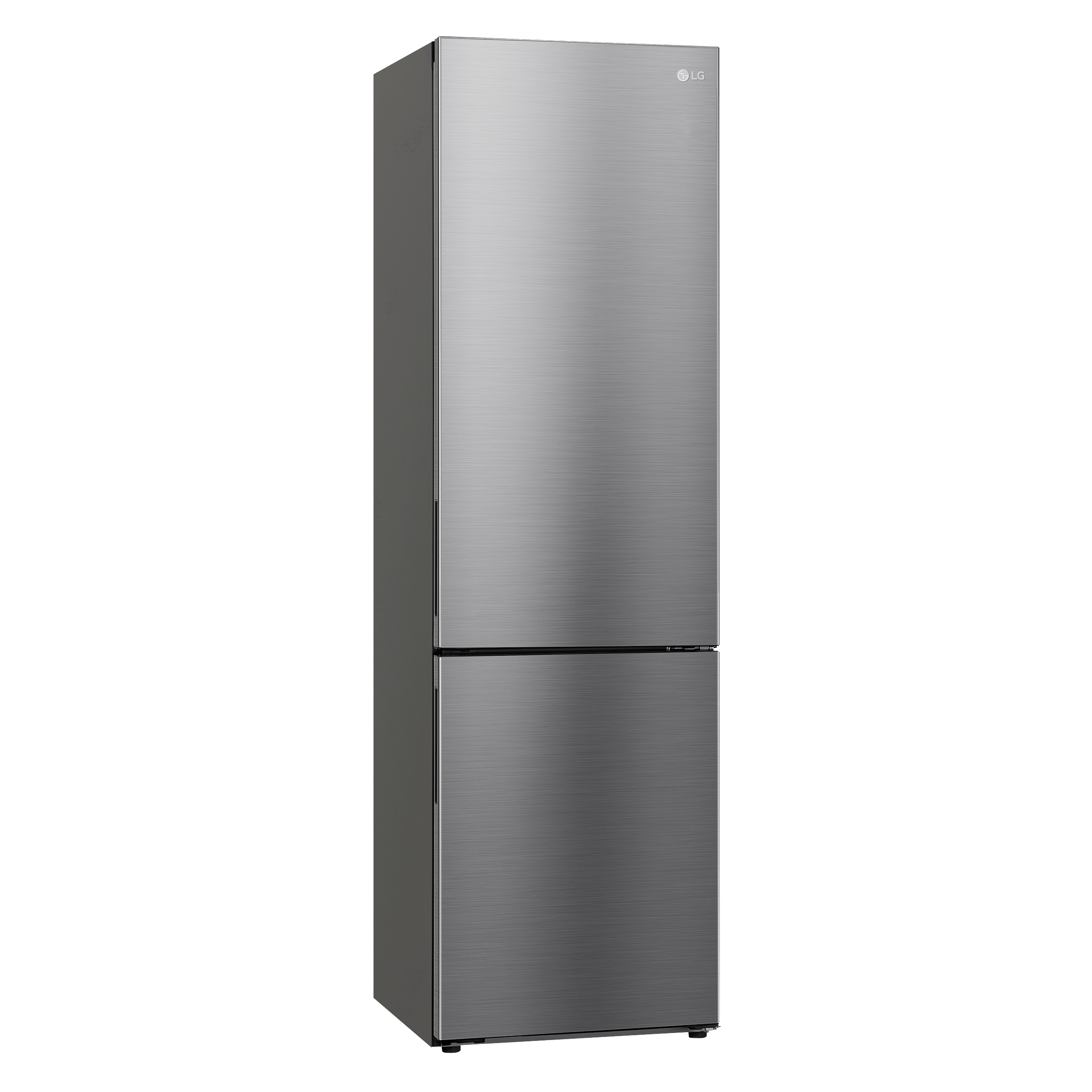 Ein grauer Kühlschrank mit zwei Türen, weißer Hintergrund.