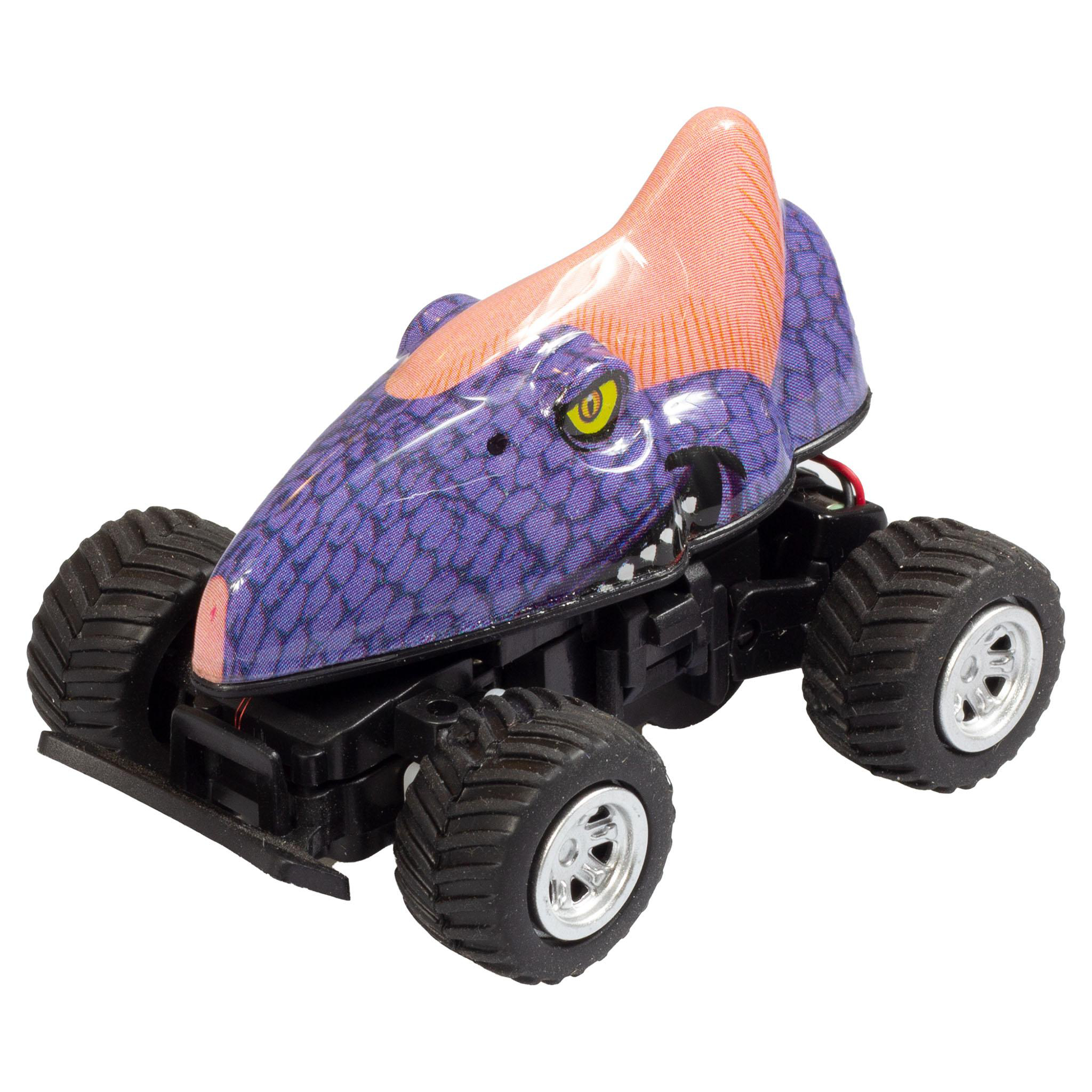 Spielzeugauto, das einem Dinosaurier ähnelt. Lila Körper, orangefarbener Kamm, schwarze Räder.