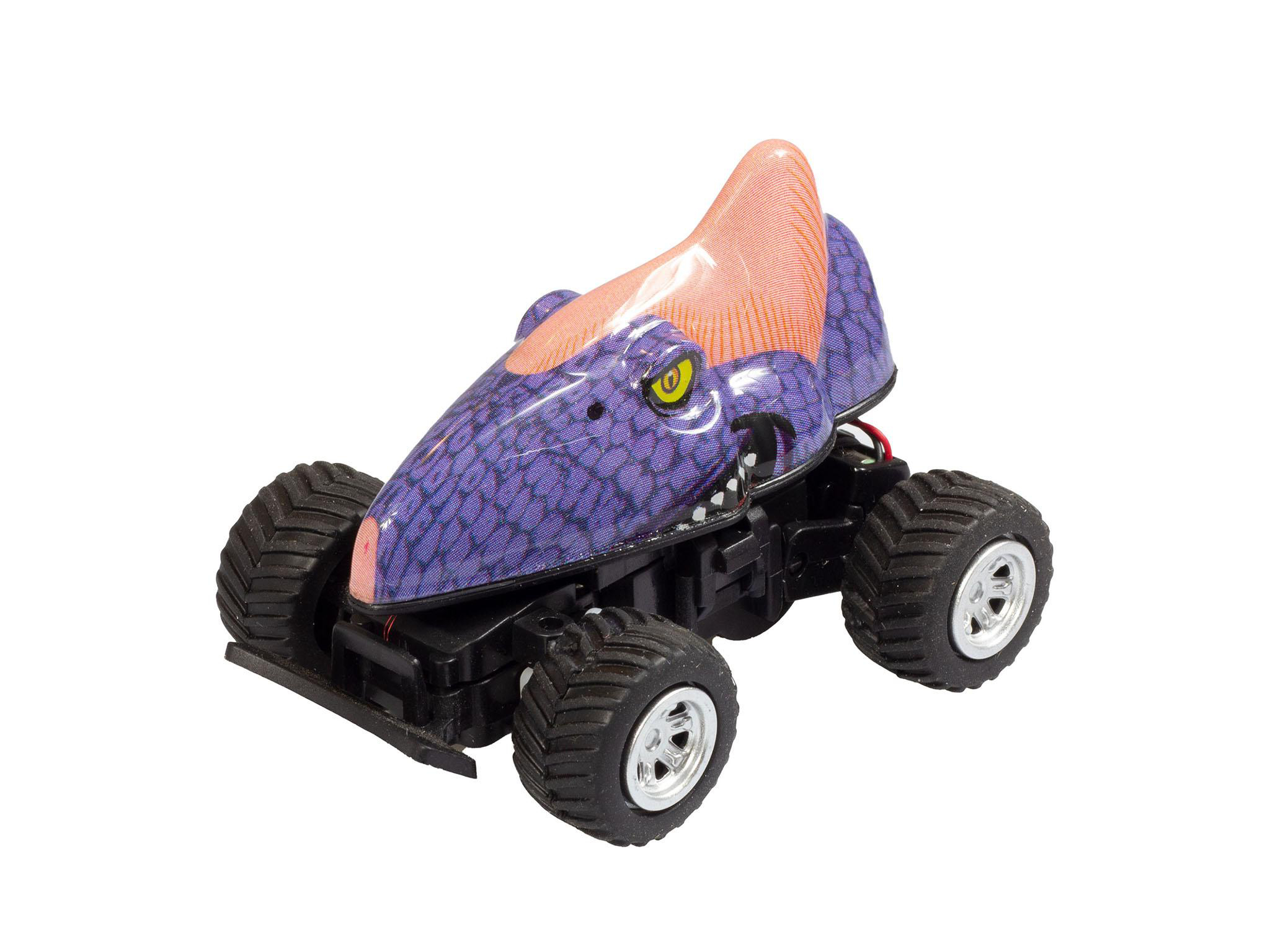 Ein Spielzeugauto in Dinosaurierform mit schwarzen Rädern auf weißem Grund.